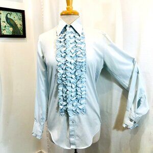 After Six Vintage 1970s Tuxedo Shirt Light Blue with Ruffled Front Size XS S